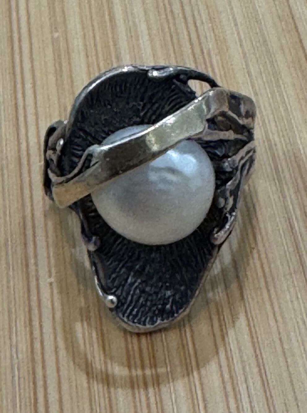 Vintage Sandra Dini Pearl Sterling Silver and Gold Brutalist Ring Size 7